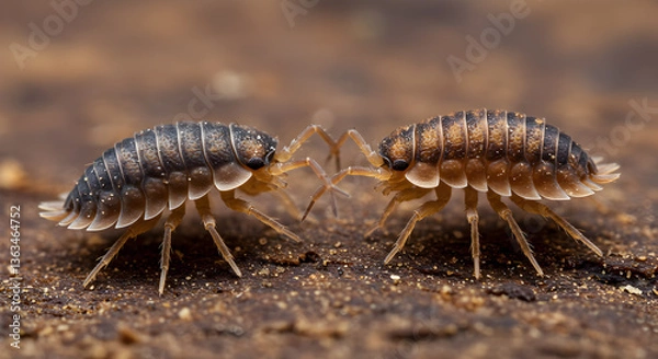 Fototapeta Intricate Encounter: Two Woodlice Facing Off in a Detailed Macro Photograph
