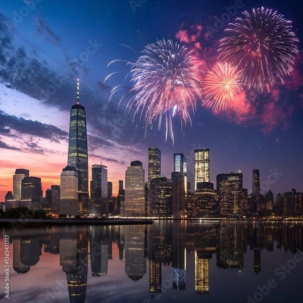 Fototapeta Fireworks Over New York City Skyline at Night, a stunning view of the New York City skyline with vibrant fireworks lighting up the night sky and reflecting off the water, creating a festive atmosphere