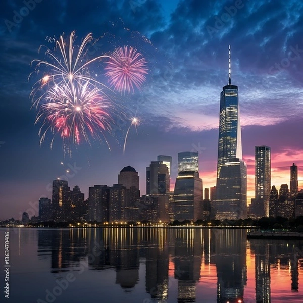 Fototapeta Fireworks Over New York City at Dusk, a vibrant fireworks display over the New York City skyline at dusk, with the colorful lights reflecting off the water, creating a magical city scene
