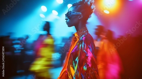 Fototapeta Fashionable Person Walks on a Lit Runway During an Event