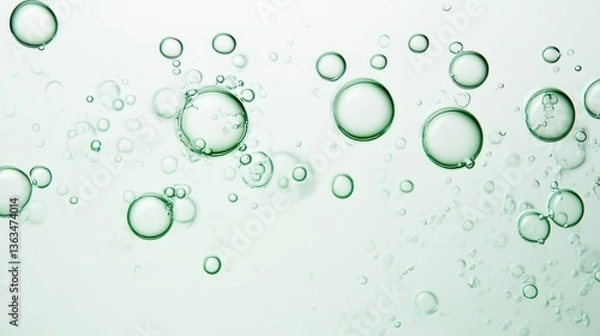 Obraz Green bubbles ascending through translucent liquid, generating dynamic abstract pattern with soft background, symbolizing freshness and clarity