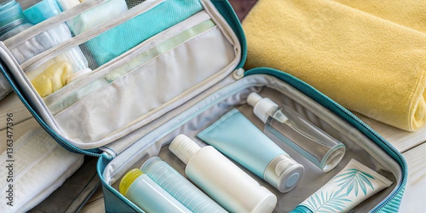 Fototapeta Open travel toiletry bag with skincare and hygiene products neatly packed inside