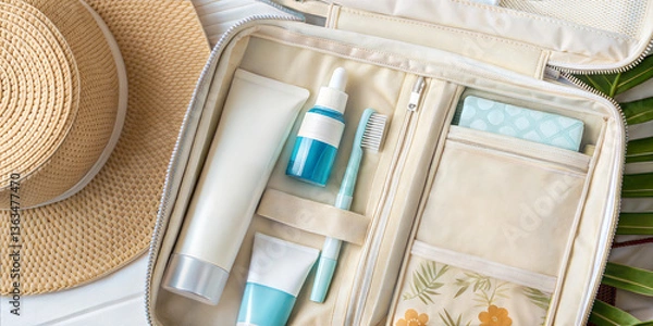 Obraz Stylish travel toiletry bag with skincare essentials and straw hat packed for vacation