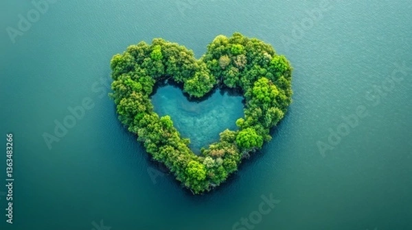 Fototapeta Heart Shaped Island Surrounded by Ocean, Aerial Drone View of Romantic Tropical Nature Concept
