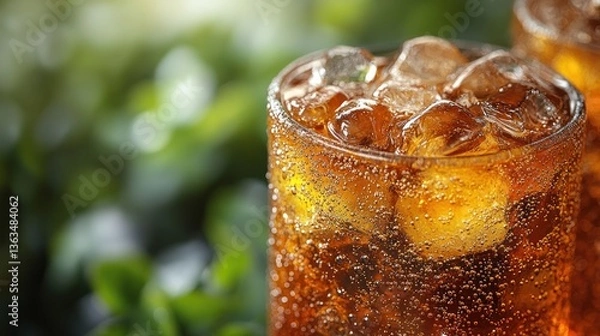 Fototapeta Close-up of two glasses of iced cola with ice cubes and bubbles, outdoors.