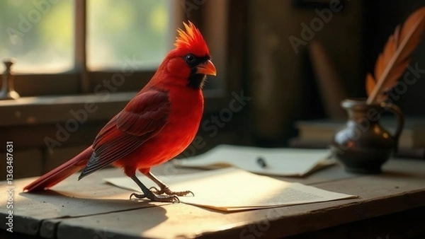Fototapeta A vibrant red cardinal perched on a rustic wooden desk, beside an antique inkwell and quill pen, illuminated by soft sunlight streaming through a window, creating a serene and captivating scene.