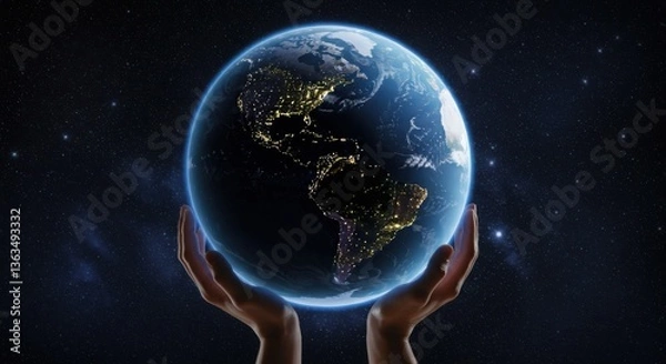 Fototapeta Human hands holding Earth globe against starry background