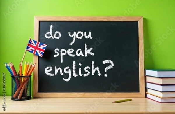 Fototapeta Blackboard with text do you speak english with pencils in a pot, UK flag and books on desk. Lesson, studying english abroad. Language learning concept, education, international communication.
