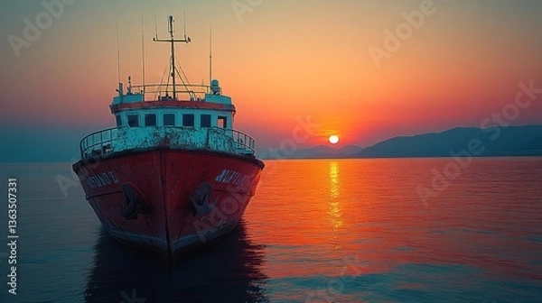 Fototapeta Red fishing boat at sunset, calm sea, mountains in background.
