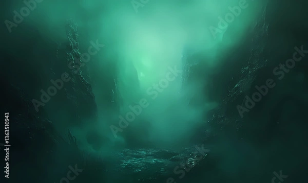 Obraz Mysterious foggy green valley with dark rocky cliffs and moody atmosphere, fantasy landscape background