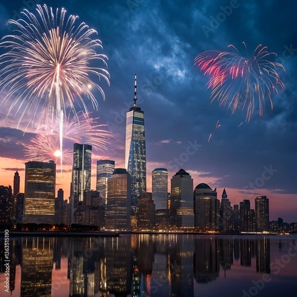 Fototapeta New York City Skyline with Fireworks at Night, a breathtaking view of the New York City skyline illuminated by vibrant fireworks, creating a festive and lively atmosphere by the water