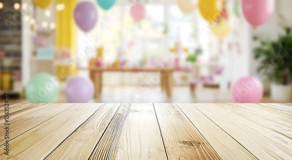Obraz Empty wooden table for product placement, with a blurred home children's party in the background, decorated with colorful balloons and banners.