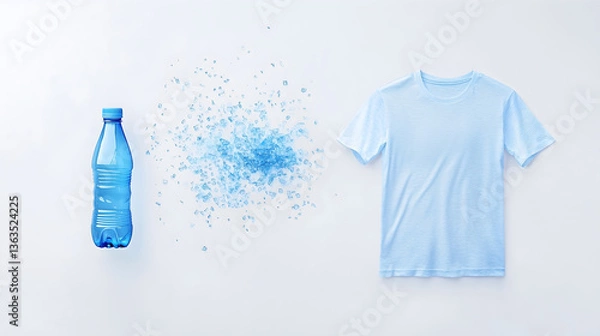 Obraz Recycling process of turning plastic bottles into fabric, showing a plastic bottle, crushed material, and a finished t-shirt.