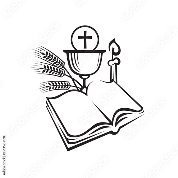 Fototapeta holy communion icon with chalice, candle and bible isolated on white background