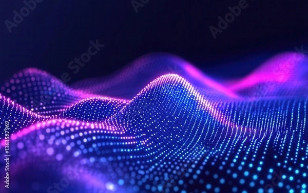 Fototapeta blue and purple gradient background with glowing particles and bokeh lights, neon color wave on a black background, abstract futuristic illustration design for a banner, poster or presentation