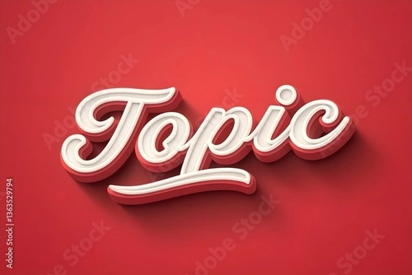 Fototapeta A stylish 3D text effect spelling "Topic" in bold white and red on a vibrant background,A stylish 3D text effect spelling 'Topic' in a bold, cursive font with a white, slightly embossed appearance.