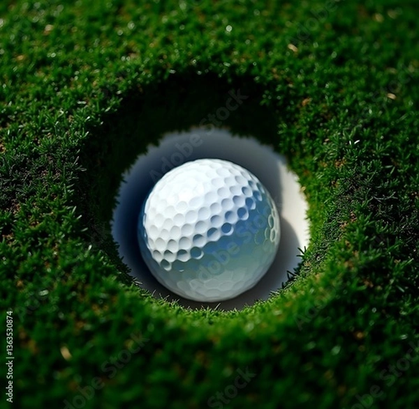 Fototapeta Close-up of golf ball in hole surrounded by short green grass and white edge of hole creating sense of precision, success and sportsmanship in golf