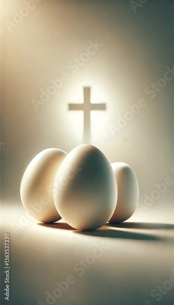 Fototapeta Three white eggs with glowing cross symbolizing resurrection and new life