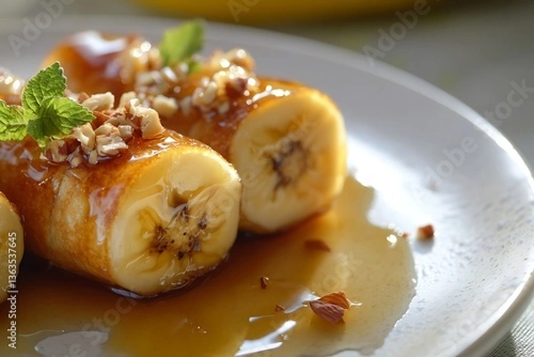Fototapeta Caramelized bananas with nuts and honey on a plate