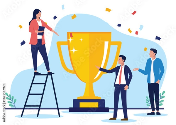 Obraz Business trophy winners people - Group of champions businesspeople celebrating big golden 1st prize cup for being a great team performing their best. Flat design vector illustration graphic