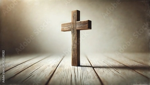 Fototapeta Wooden cross standing on rustic floor illuminated by soft light in sacred setting