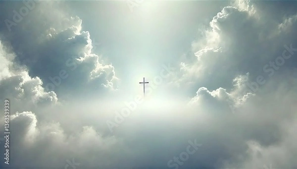 Fototapeta Glowing cross rising from clouds in radiant sky symbolizing peace and divinity