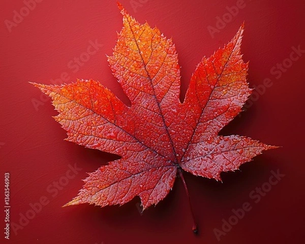Fototapeta Vibrant red maple leaf resting on a rich red background, showcasing autumn beauty