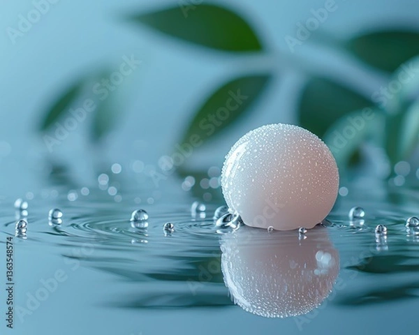 Fototapeta White sphere with droplets reflecting in calm water, surrounded by green leaves