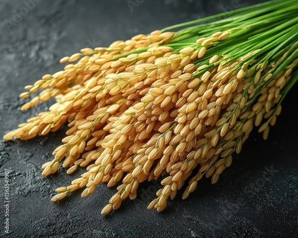 Fototapeta Close-up of golden rice grains arranged artistically on a textured surface