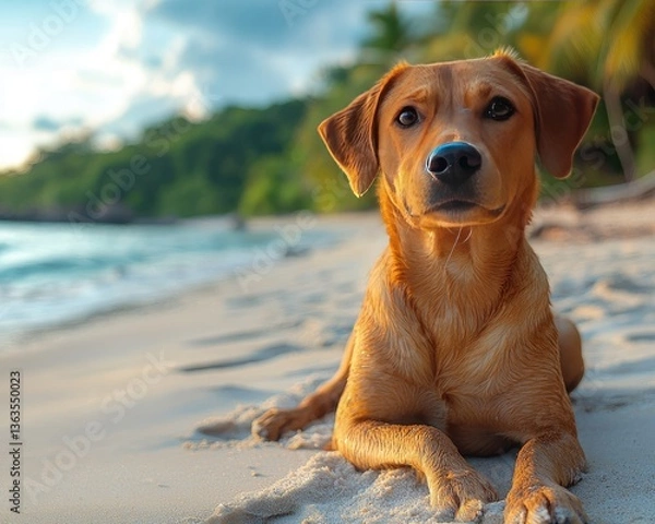 Fototapeta A golden dog lounging on a sandy beach with waves and palm trees in the background
