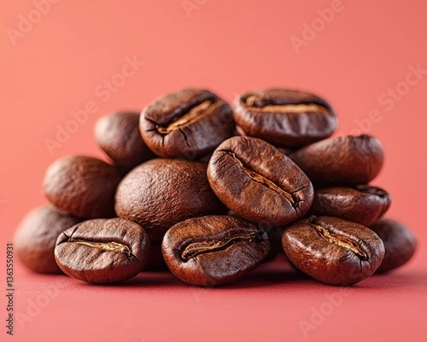 Fototapeta Close-up of roasted coffee beans stacked on a vibrant background, showcasing texture