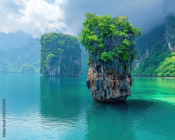 Fototapeta Serene limestone formations surrounded by lush greenery in tranquil waters