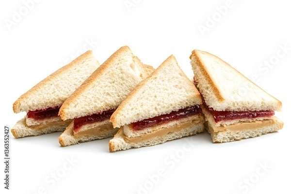 Fototapeta Four triangular sandwiches are displayed on a white background