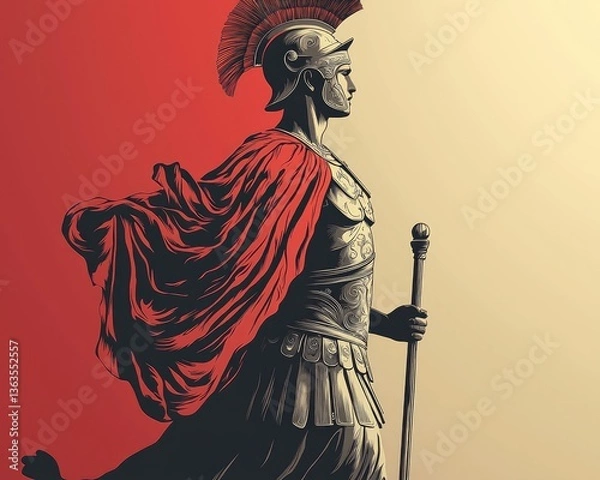 Fototapeta Majestic Roman Soldier in Armor with Red Cloak Against Gradient Background