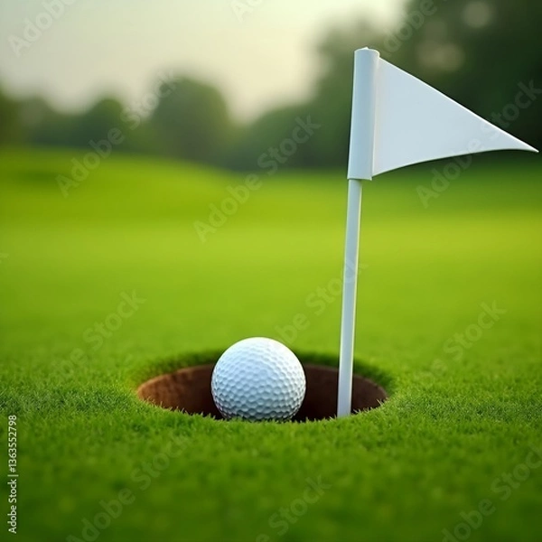 Fototapeta Successful shot, golf ball in hole with white flag, symbolizing victory, skill and a beautiful day on the green golf course