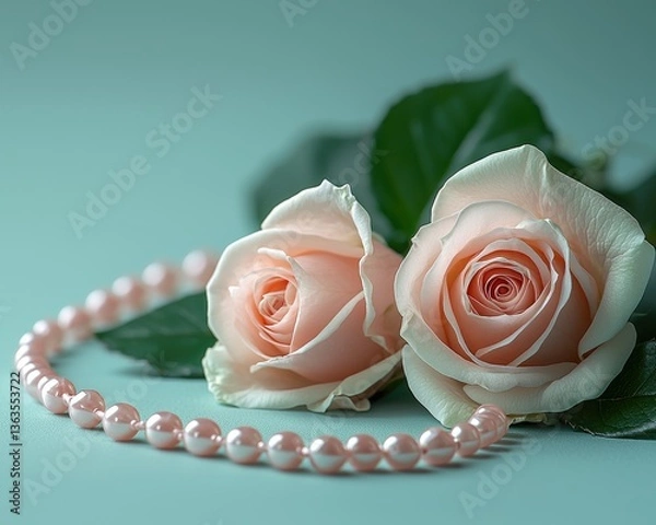 Fototapeta Elegant arrangement of soft pink roses with a pearl necklace on a serene background