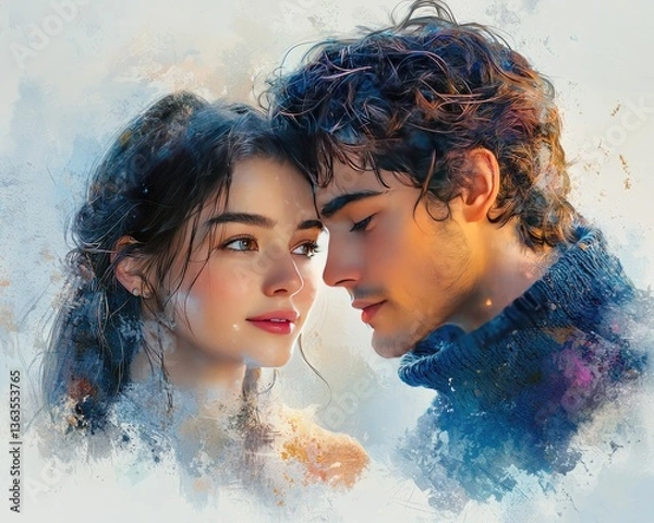 Fototapeta Romantic portrait of a couple gazing into each other's eyes against a soft, artistic background