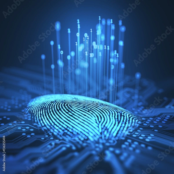 Obraz Fingerprint integrated in a printed circuit, releasing binary codes.