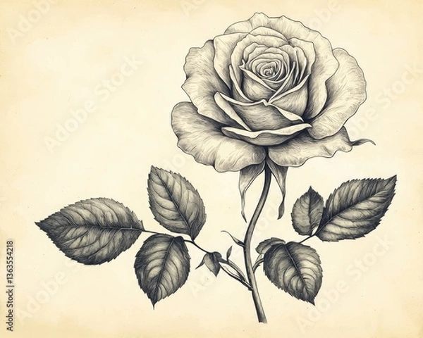 Fototapeta Detailed sketch of a single rose with leaves on a textured background