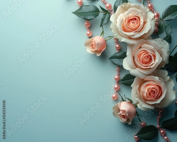 Fototapeta Elegant arrangement of peach roses with pearls on a soft blue background