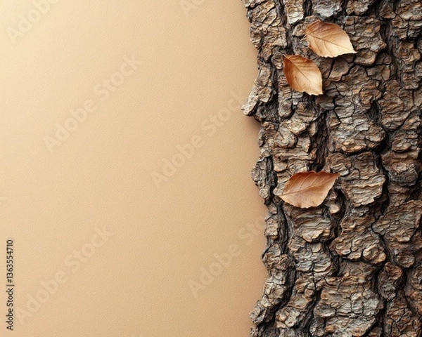 Fototapeta Textured tree bark with autumn leaves against a soft beige background