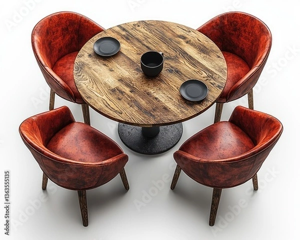 Fototapeta A cozy dining setup featuring a round wooden table and four red chairs
