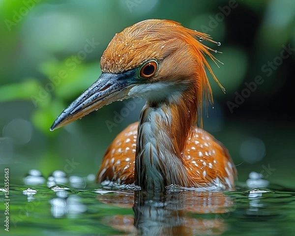 Fototapeta Close-up of a vibrant heron wading in tranquil waters surrounded by lush greenery