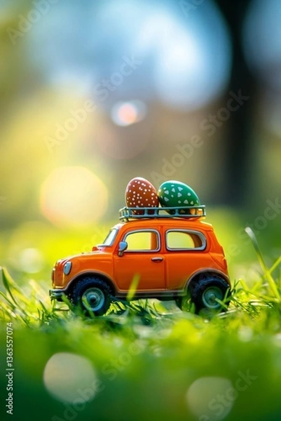 Obraz Orange toy car with Easter eggs on roof in spring grass. Easter holiday concept. Miniature vehicle outdoor scene for greeting card, seasonal decoration or festive display