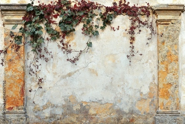 Fototapeta Ivy climbs a weathered, aged wall, showcasing decaying plaster and classical pillars.