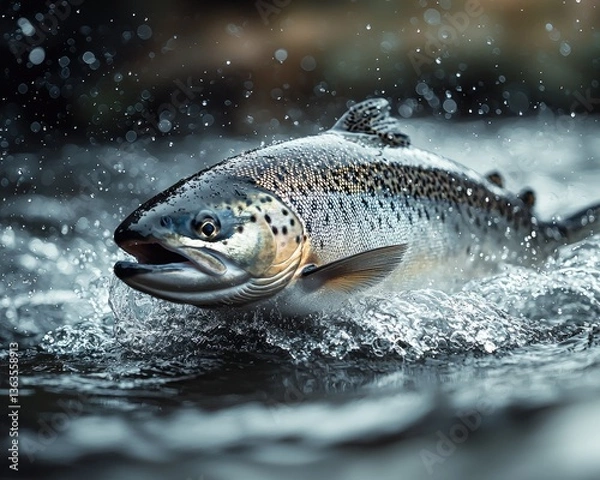 Fototapeta Dynamic trout leaping from a river, splashing water, showcasing nature's beauty