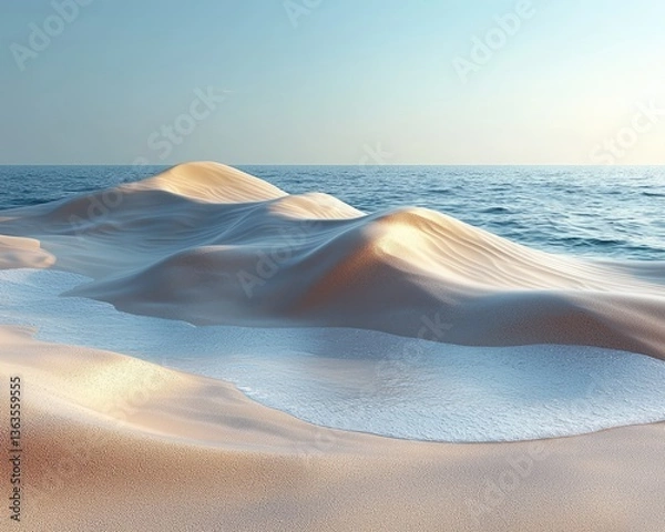 Fototapeta Serene beach landscape with gentle waves and soft sand dunes at sunset