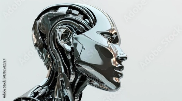 Fototapeta Futuristic Robot Head with Intricate Mechanical Details HighTech Design and Shiny Metallic F