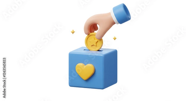 Fototapeta 3D Character hand holding coin for donation. Donate to help Ukraine. Financial support concept. Fund save life. Donation box. 3D Rendering