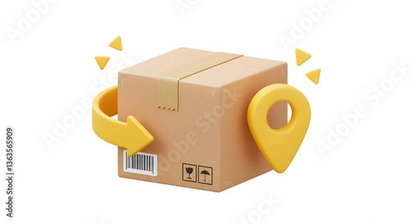 Fototapeta 3D Cardboard box with arrow and pin location. Order return concept. Parcel is packed in recyclable carton box. Returned to sender. Cartoon design icon isolated on white background. 3D Rendering